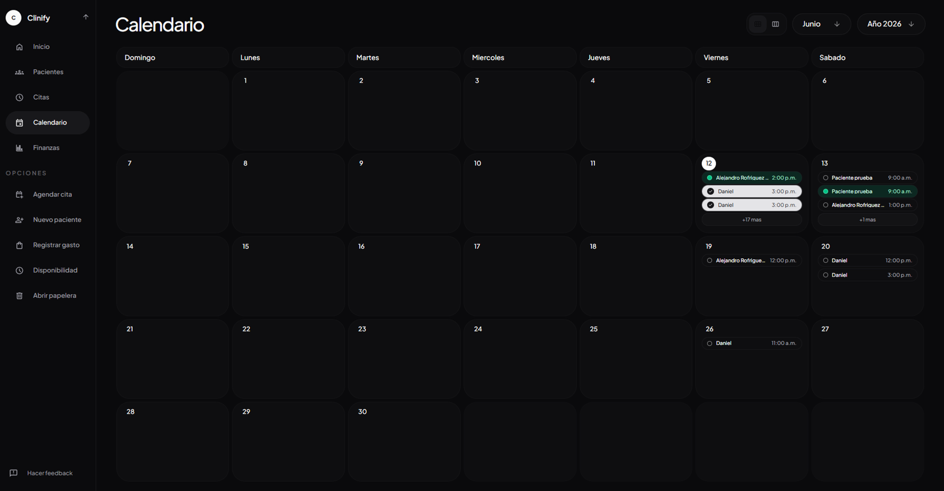 Calendario semanal de Clinify con citas y huecos libres a la vista